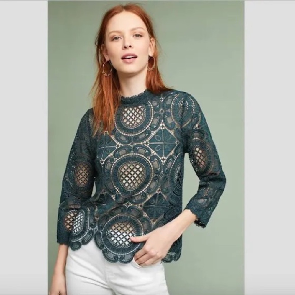 Anthropologie James Coviello Green Medallion Lace